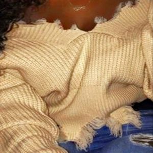 Long Sleeve Distressed Casual V Neck Sweater